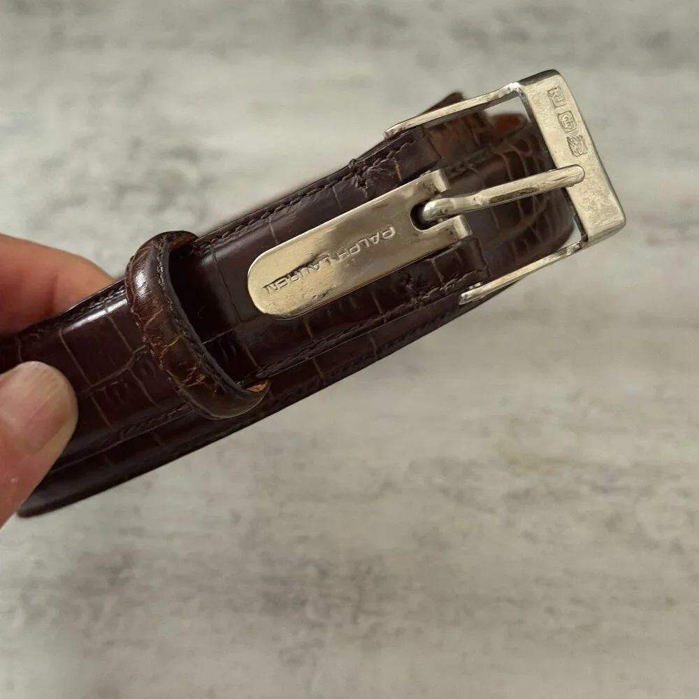 Vintage Ralph Lauren Brown Leather Embossed Crocodile Belt Silver Tone Buckle M